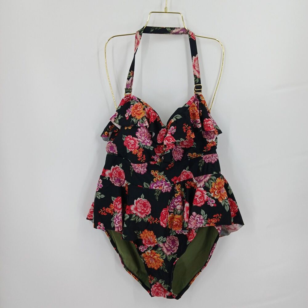 Terra & Sky Floral Ruffle Neck One-Piece Swimsuit Womens Plus Size 2XL